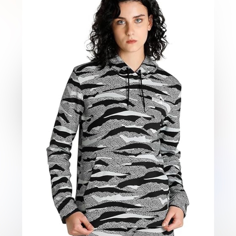 Puma Essentials Zebra Print Pullover Hoodie Kangaroo Pocket Black White S